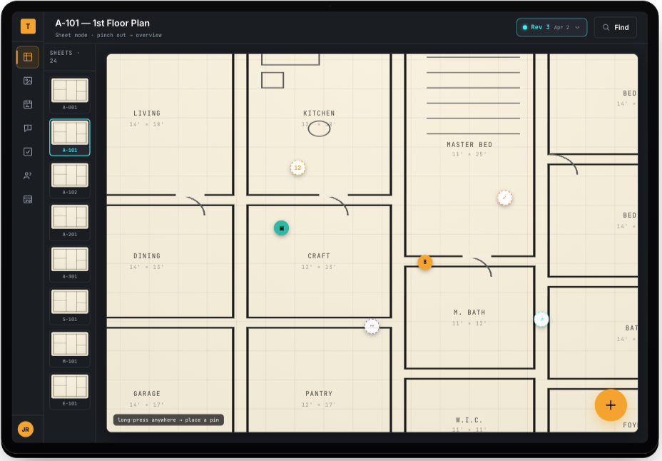 Tratis plan viewer on iPad — a floor plan with amber pins marking open items