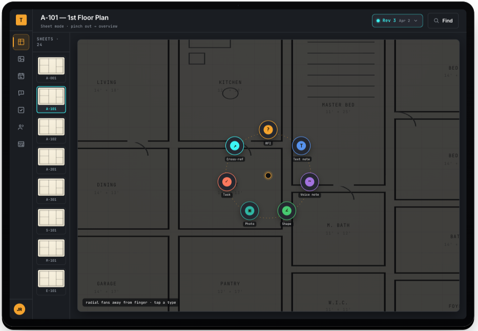 Long-press on the plan opens a radial menu to drop a photo, note, to-do, or RFI