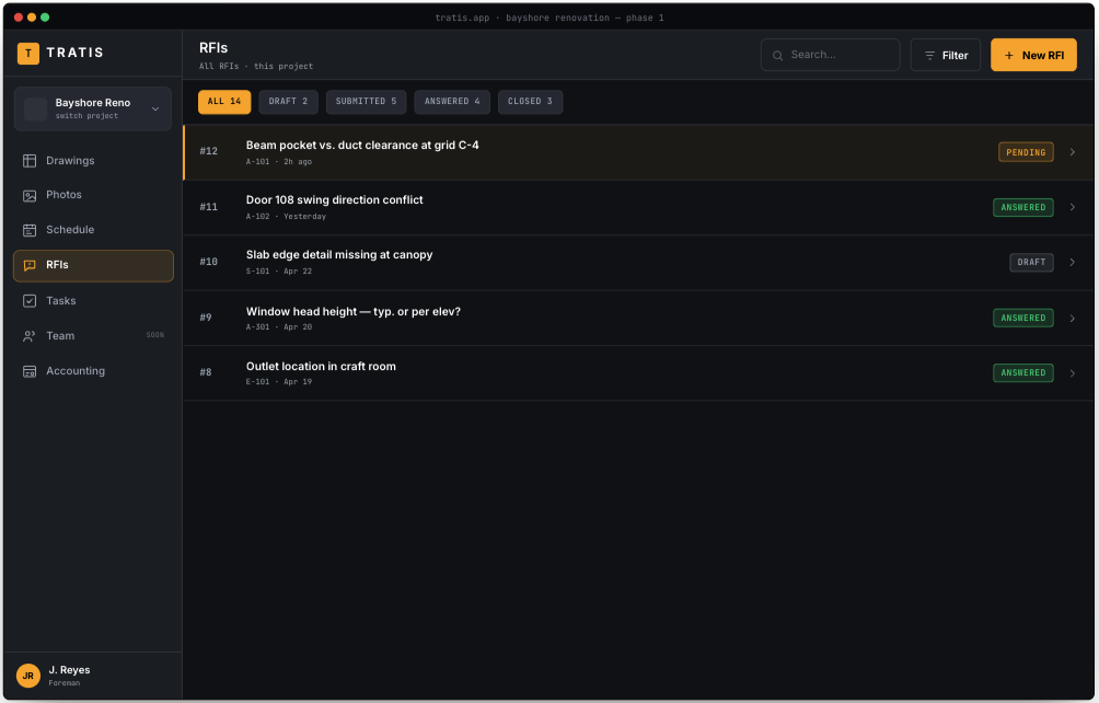 The office RFI list, color-coded by status